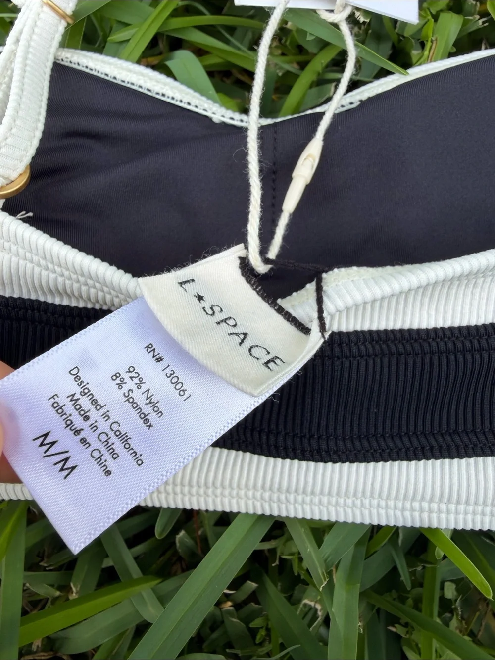 L*SPACE Madison Bikini Top Black/Cream Ribbed Colorblock Size M NWT
